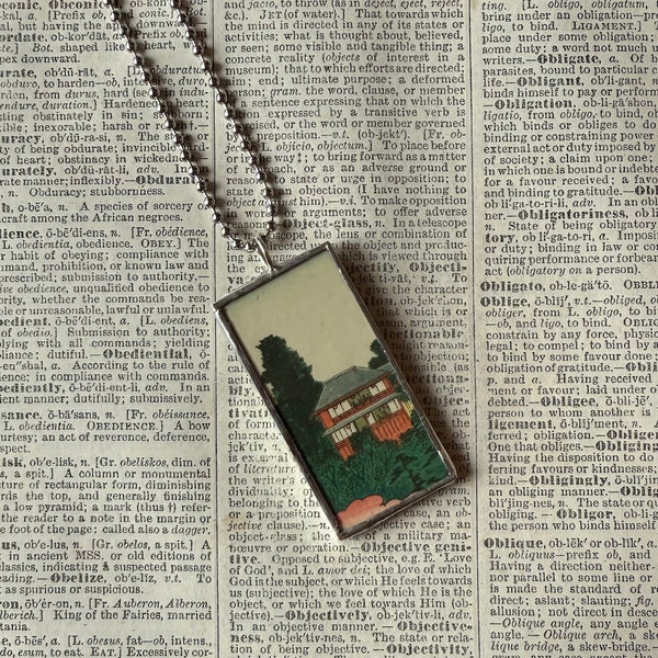 Plum / Cherry Blossom Trees, Pagoda, Japanese woodblock prints, up-cycled to hand-soldered glass pendant