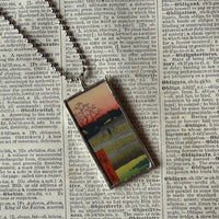 Crane, landscape scene, Japanese woodblock prints, up-cycled to hand-soldered glass pendant