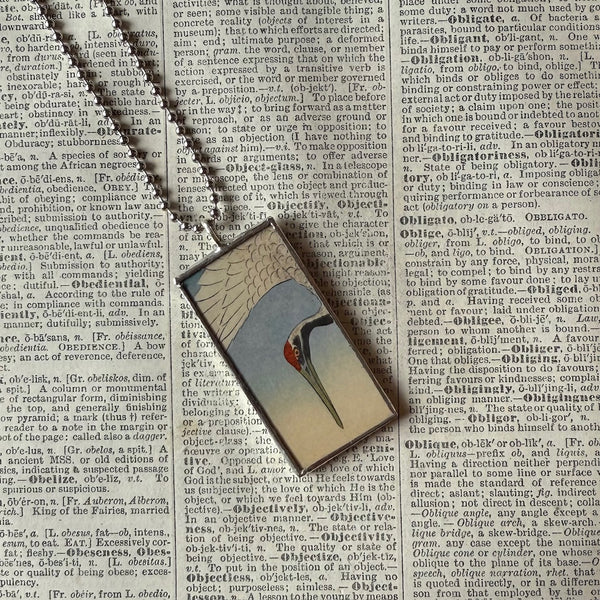 Crane, landscape scene, Japanese woodblock prints, up-cycled to hand-soldered glass pendant