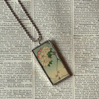 Autumn leaves, Plum / Cherry Blossom Trees, Japanese woodblock prints, up-cycled to hand-soldered glass pendant
