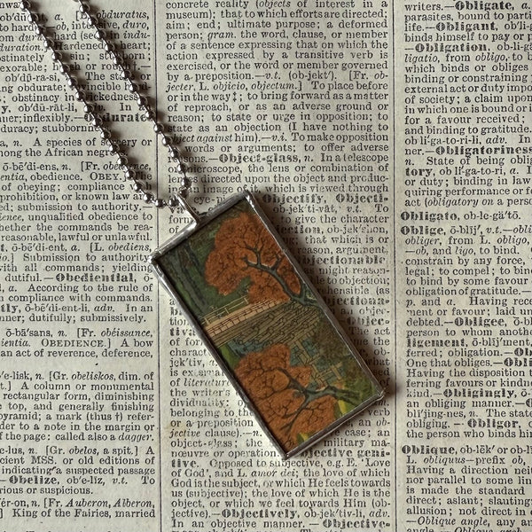 Autumn leaves, Plum / Cherry Blossom Trees, Japanese woodblock prints, up-cycled to hand-soldered glass pendant