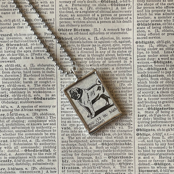 1 Pug dog, vintage 1930s dictionary illustration, up-cycled to hand-soldered glass pendant
