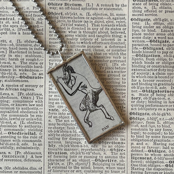 1 Pan, Greek Mythology, vintage dictionary illustration, hand soldered glass pendant, upcycled to soldered glass pendant
