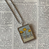 1 Snail, mushrooms, vintage children's book illustration, up-cycled to hand soldered glass pendant