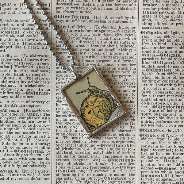 1 Snail, mushrooms, vintage children's book illustration, up-cycled to hand soldered glass pendant