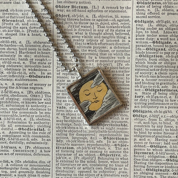 1 Full moon, quarter moon, man in the moon, vintage children's book illustrations upcycled to soldered glass pendant