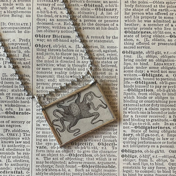 1 Octopus, vintage 1930s dictionary illustration, upcycled to hand soldered glass pendant