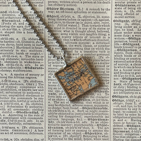 Stockhom, Sweden, vintage maps upcycled to hand-soldered glass pendant