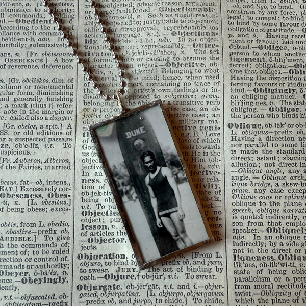 Vintage Hawaii postcards - Duke Kahanamoku, Volcano, hand-soldered glass pendant