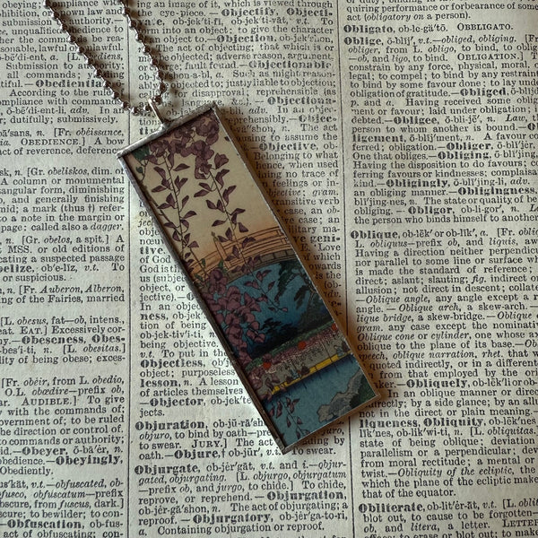 Japanese woodblock prints, Bridge, wisteria, up-cycled to soldered glass pendant