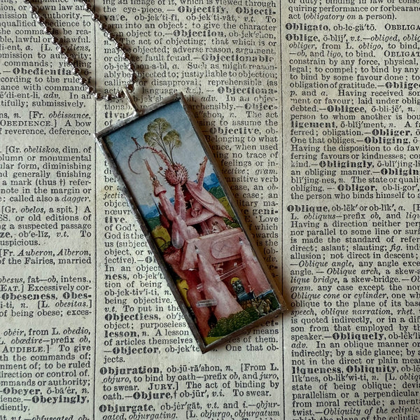 The Garden of Earthly Delights, Hieronymus Bosch, upcycled to hand soldered glass pendant