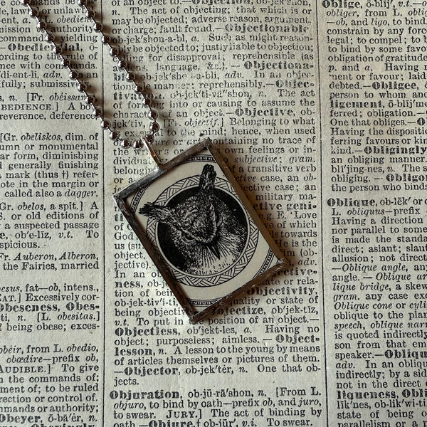 Owl, blackbirds, vintage children's book illustrations, up-cycled to soldered glass pendant