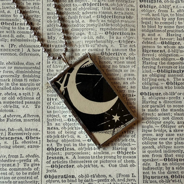 Moon and Stars, vintage book illustrations, hand-soldered glass pendant