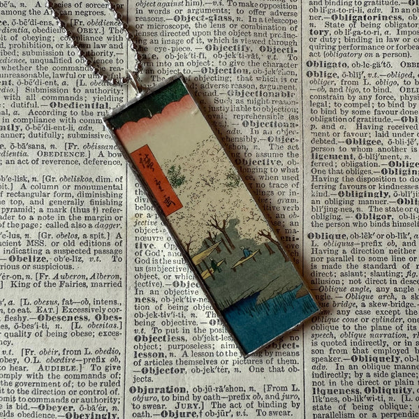 Autumn leaves, Plum / Cherry Blossom Trees, Japanese woodblock prints, up-cycled to hand-soldered glass pendant