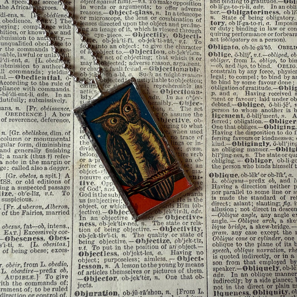 Owl, Moon, vintage advertising illustration, up-cycled to soldered glass pendant