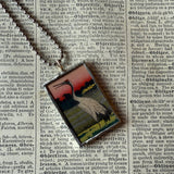 Crane, landscape scene, Japanese woodblock prints, up-cycled to hand-soldered glass pendant