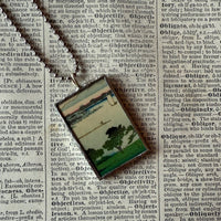 Crane, landscape scene, Japanese woodblock prints, up-cycled to hand-soldered glass pendant