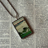 Crane, landscape scene, Japanese woodblock prints, up-cycled to hand-soldered glass pendant