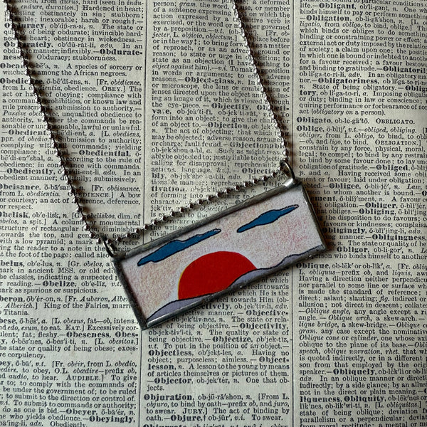 Sunset, vintage children's book illustration, upcycled to soldered glass pendant
