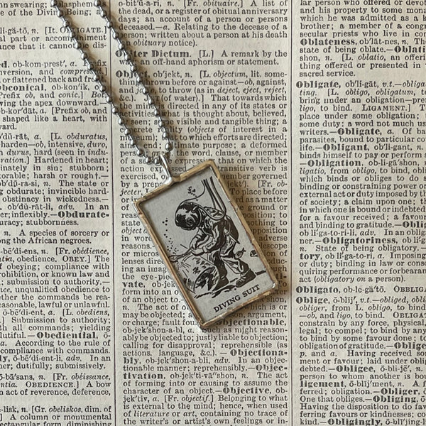 Diving Suit - vintage 1930s dictionary illustration, up-cycled to soldered glass pendant