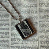 Ink bottle, advertising illustrations up-cycled to soldered glass pendant