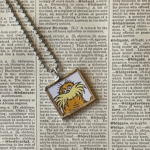 The Lorax, original illustrations from vintage book, up-cycled to soldered glass pendant