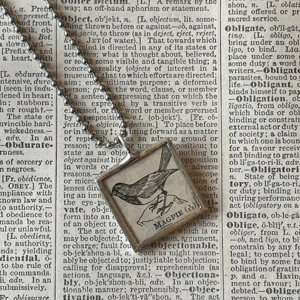 1 Magpie, vintage illustration upcycled to soldered glass pendant