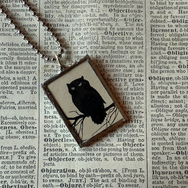 Owl, black cat, vintage halloween illustrations, up-cycled to soldered glass pendant