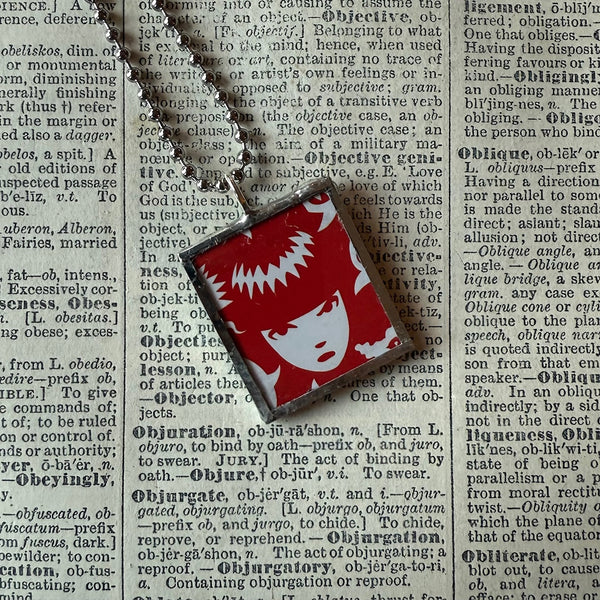 Emily the Strange, vintage illustrations up-cycled to soldered glass pendant