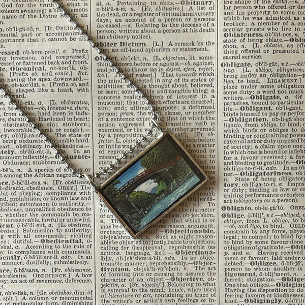 1 Japanese Woodblock Print, lake scene, bridge, upcycled to soldered glass necklace