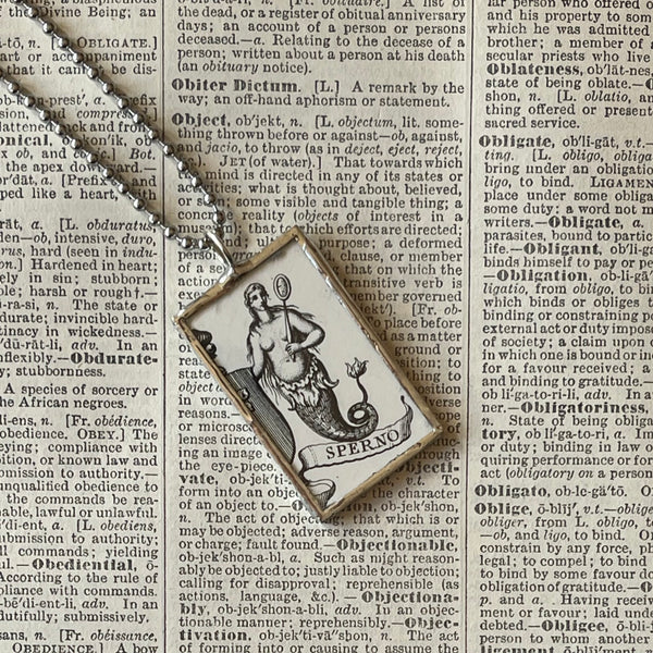1 Mermaid, bear, vintage woodcut illustration, up-cycled to soldered glass pendant