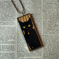 Black cat, witch, vintage halloween illustrations, up-cycled to soldered glass pendant