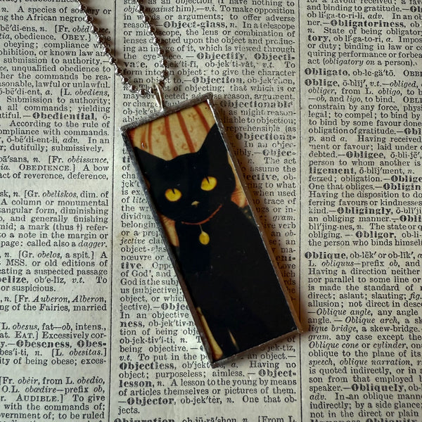 Black cat, witch, vintage halloween illustrations, up-cycled to soldered glass pendant