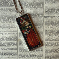 Black cat, witch, vintage halloween illustrations, up-cycled to soldered glass pendant