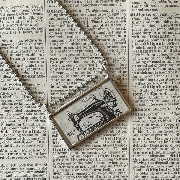 1 Sewing Machine, vintage 1930s dictionary illustration, upcycled to hand soldered glass pendant