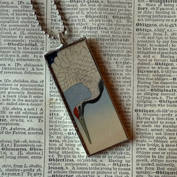Crane, cherry tree, Japanese woodblock prints, up-cycled to hand-soldered glass pendant