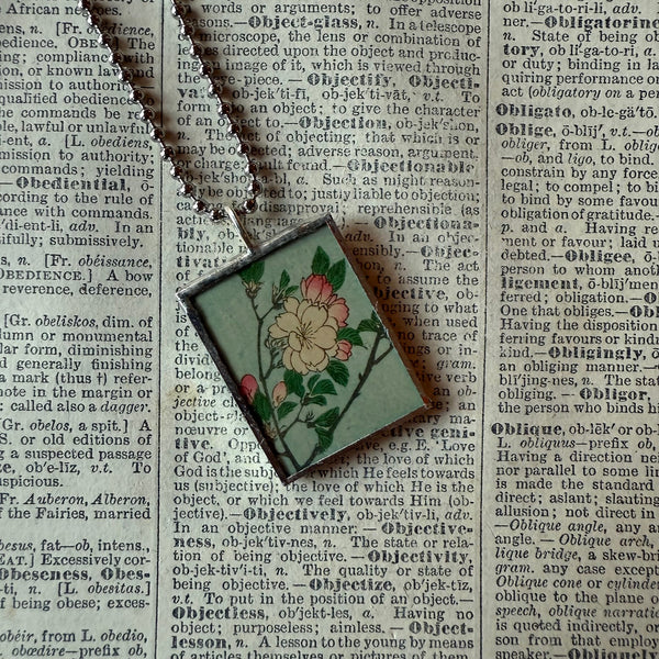 Plum / Cherry Blossom Trees, Japanese woodblock prints, up-cycled to hand-soldered glass pendant