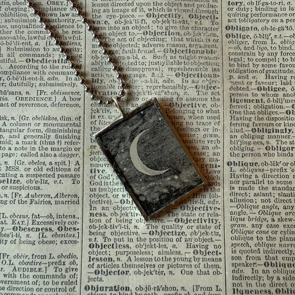 Moon, Sunrise, vintage book illustrations, hand-soldered glass pendant