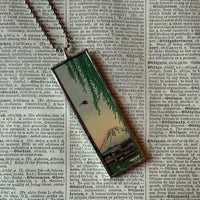 Weeping Willow tree, Mt. Fuji, Japanese woodblock prints, up-cycled to hand-soldered glass pendant