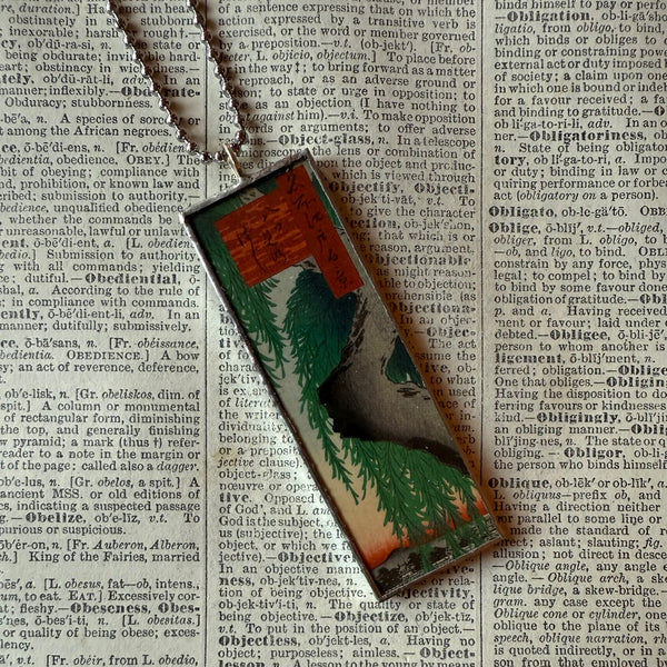 Weeping Willow tree, Mt. Fuji, Japanese woodblock prints, up-cycled to hand-soldered glass pendant