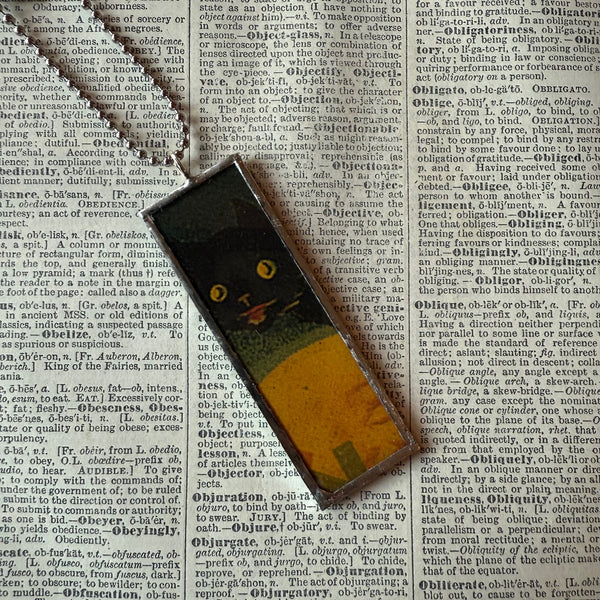 Black cat, witch, vintage halloween illustrations, up-cycled to soldered glass pendant