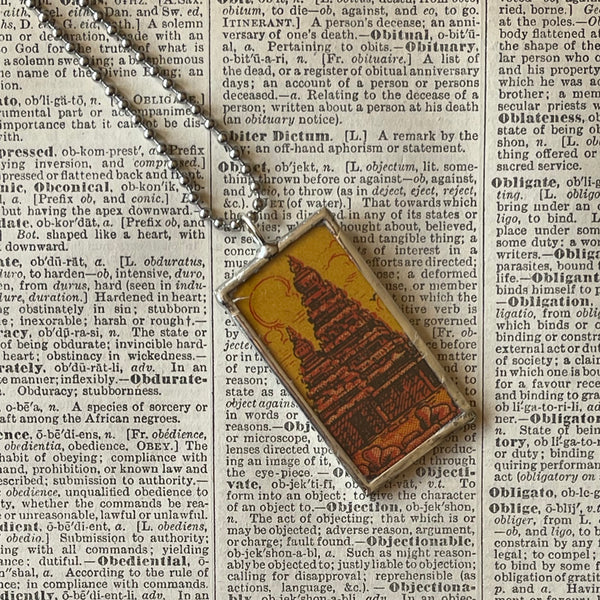 1 Temple, Indian Flag,  illustrations upcycled from vintage Indian matchbooks, upcycled hand soldered glass pendant