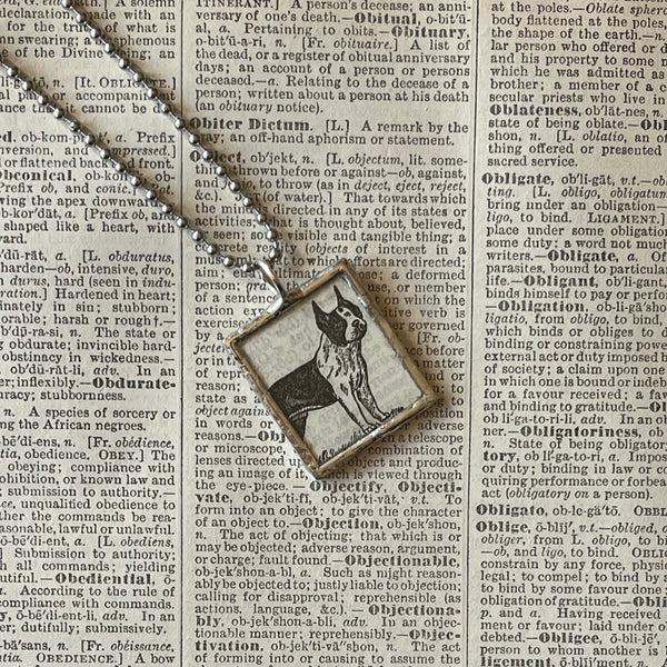 1 Boston Terrier, vintage 1930s dictionary illustration, up-cycled to hand-soldered glass pendant