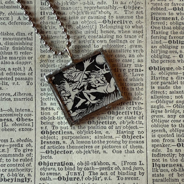 Goblins, vintage children's book illustration up-cycled to soldered glass pendant