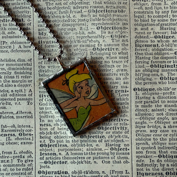 Tinkerbell, vintage children's book illustrations, up-cycled to soldered glass pendant