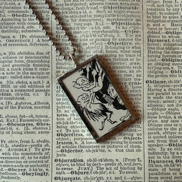 Goblins, vintage children's book illustration up-cycled to soldered glass pendant