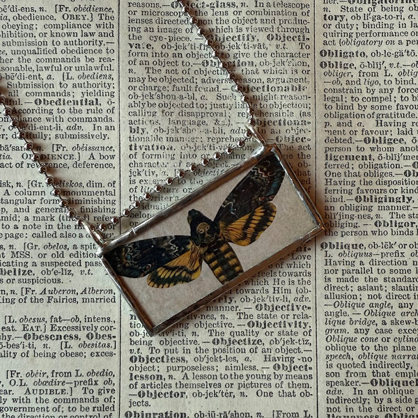 Death's head hawkmoth, moon dust, vintage illustration upcycled to hand-soldered glass pendant
