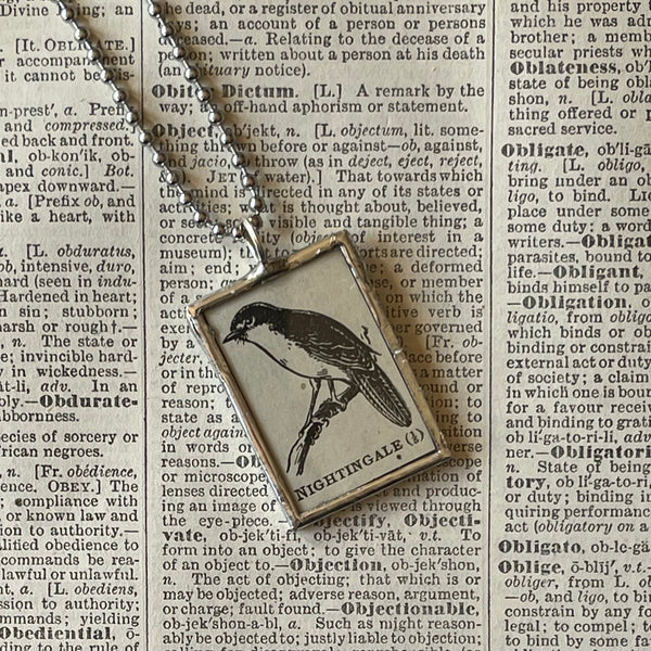 1 Nightingale, vintage illustration upcycled to soldered glass pendant