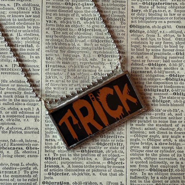 Trick or Treat, vintage illustration upcycled to hand-soldered glass pendant