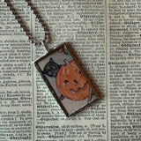 Black cat, jack o lantern, vintage halloween illustrations, up-cycled to soldered glass pendant